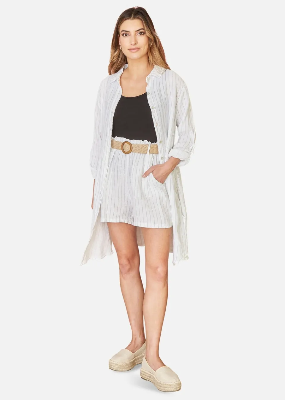 Shorts>Yumi White Striped Italian Linen Shorts With Belt