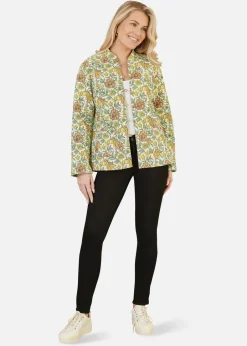 Coats & Jackets>Yumi Yellow Floral Print Reversible Cotton Quilted Jacket