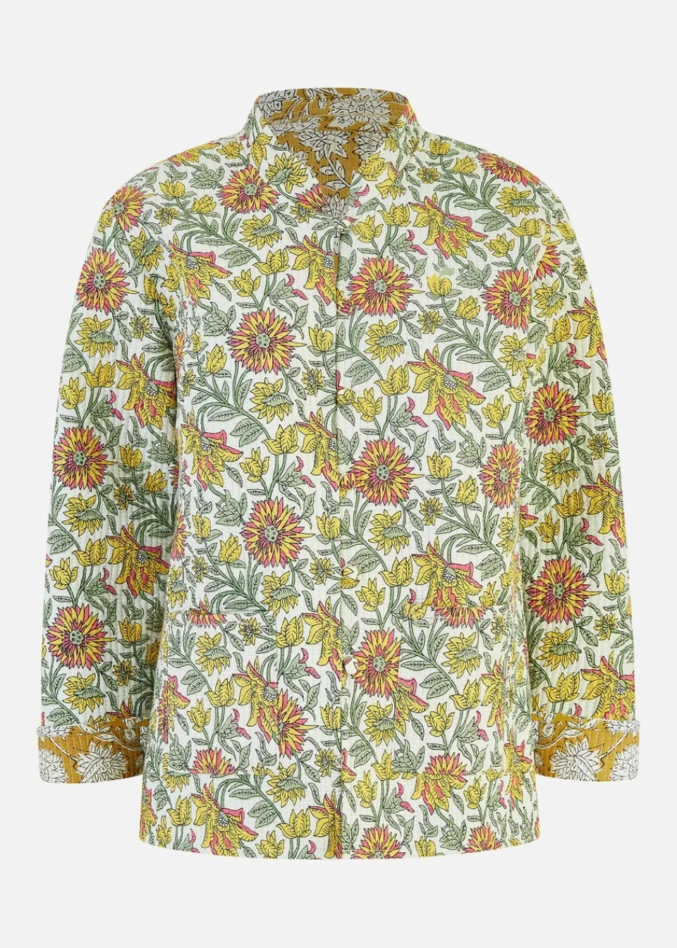 Coats & Jackets>Yumi Yellow Floral Print Reversible Cotton Quilted Jacket