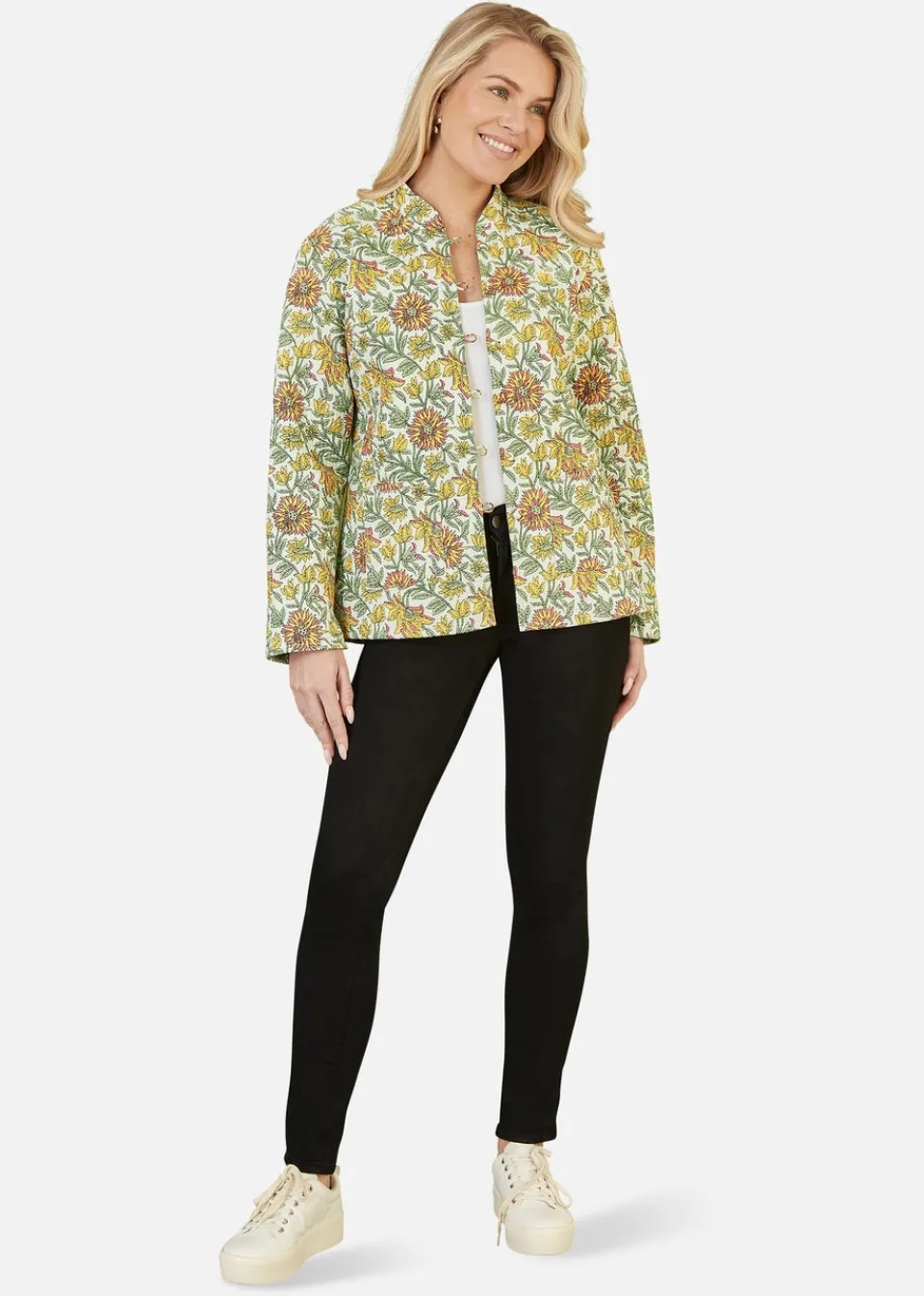 Coats & Jackets>Yumi Yellow Floral Print Reversible Cotton Quilted Jacket